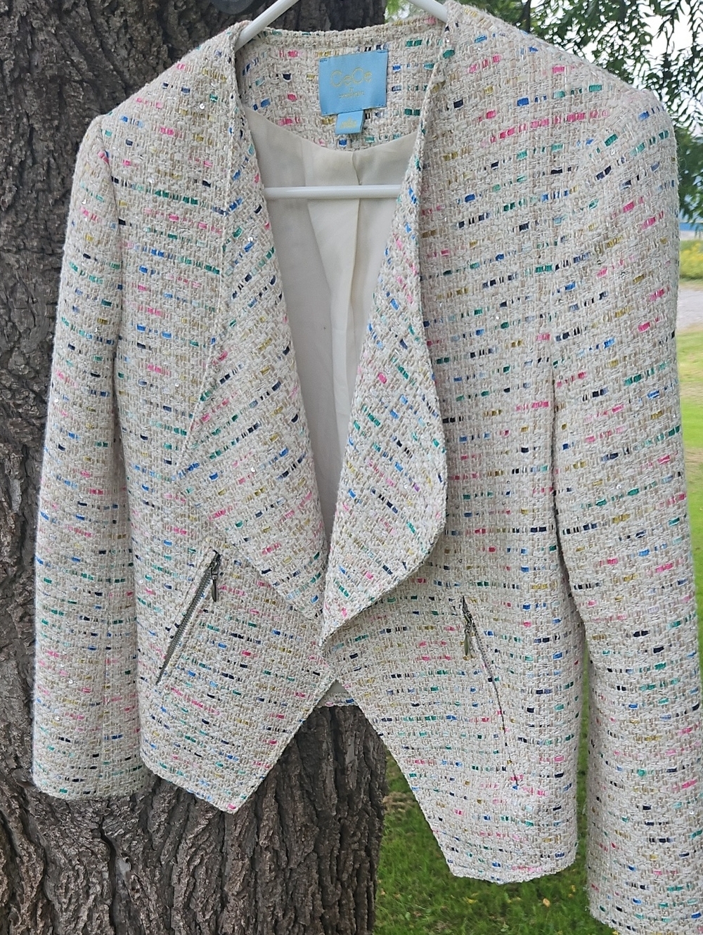 CeCe Tweed Open-Front Blazer Jacket With Color Speckle/Sparkle, Size 6